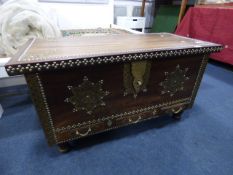 African Wood Brass Bound and Studded Blanket Box with 3 Small Drawers