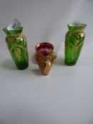 Pair of Green Art Nouveau Glass Vases with Cranberry & Gilded Miniature Jug and Bowl