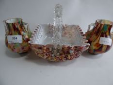 End of Day Glass Basket and Pair of Vases