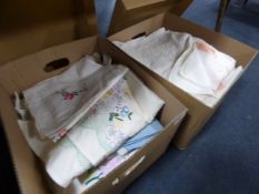 2 Boxes of Embroidered Table Cloths etc