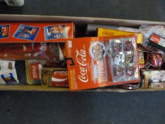 Box containing Coca Cola Themed Collectables including Cars - Yoyo's etc