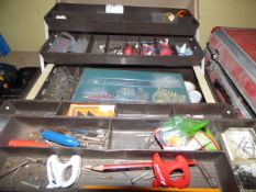 Plastic Cantilever Tool Box containing Brass Cup Hooks etc