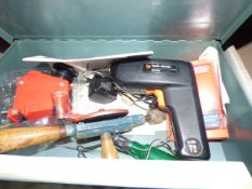 Metal Toolbox Containing Cordless Screwdriver, Drill Sharpener etc