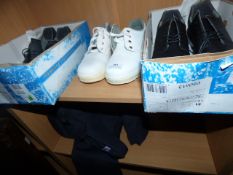 3 Pairs of Working Boots & Pair of Blue Overalls