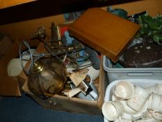 4 Boxes of Assorted Decorative Ware - Brass Light Fittings - Vintage Kitchenalia etc
