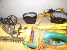 Halogen Work Lamp on Tripod - Sander and Set of Hedge Trimmers