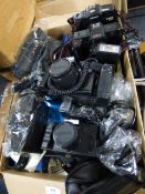 *Box containing Assorted Camera Equipment - Flash Guns - Camera Bodies etc