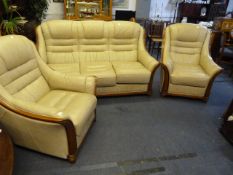 Cream Leatherette Settee with Wood Frame