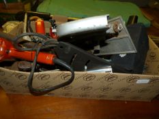 Box Containing Assorted Hand Tools including Electric Drills, Wood Planes, Saw Attachments, Dovetail
