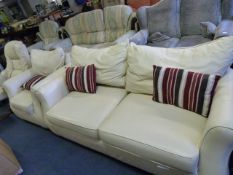 Cream Leatherette Sofa & Chair with Scatter Cushions