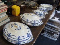 4 Blue and White Tureens and Plates