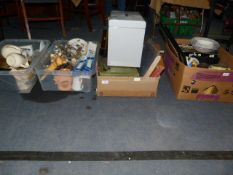4 Boxes of Bric-a-Brac including Brass & Glassware - Books - etc