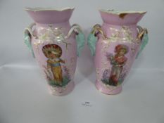 Pair of Victorian Decorative Pink Vases Depicting Ladies