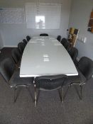 *White Boardroom Table with Plate Glass Top with 12 Stackable Chrome Framed Chairs with