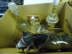 Box containing Cut Glass Lamp - Decanter - Ash Tray and Decorative Shire Horse
