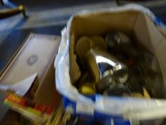 Box containing Assorted Cups - Saucers - Chrome Tea Set - Cut Glass Plate etc