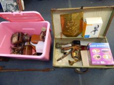 Lidded Plastic Storage Box and Vintage Suitcase containing assorted Souvenir Pieces etc