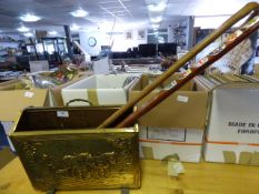 Embossed Brass Magazine Rack and 2 Walking Sticks