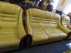 Cream Leather and Timber 3 Piece Suite comprising of 3 Seat Settee and 2 Matching Chairs