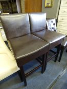 *Pair of Brown Leather High Seat Bar Stools with Upholstered Seats and Backs