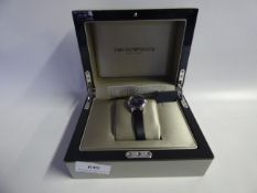 *ARMANI LADIES WRIST WATCH WITH BLACK LEATHER STRAP & BLACK FACE