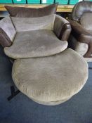 Circular Brown and Leather Easy Chair with Matching Footstool