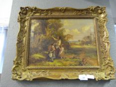 Gilt Framed Oil on Canvass of Girls Picking Flowers