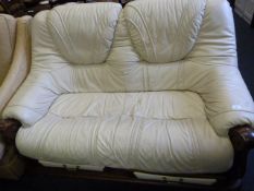 Cream Leather and Oak 2 Seat Settee