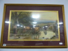 Gilt Framed Print of Cattle and Sheep Grazing