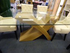 *Contemporary Style Glass Top Table on Oak Support