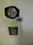 Jam Time Wrist Watch with Black Bezel and Strap with Silver Face