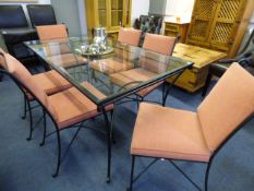 Wrought Iron Table with Glass Top & 6 Matching Wrought Iron Chairs with Upholstered Seats and Backs