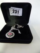 Silver Coloured Necklace with Wheel Charm with Pink Stone