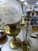 Brass and Frosted Glass Oil Lamp & Cut Glass Table Lamp