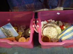 2 Large Pink Plastic Boxes containing Cake Plates - Dinnerware - Ashtrays - Candles etc