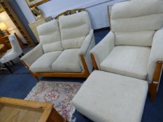 Ercol Beige and Light Oak Suite comprising of 2 Seat Settee - Matching Easy Chair and Foot Stool