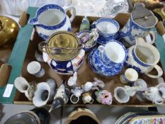 Box containing Continental Figures - Blue and White Ware - Biscuit Barrels etc