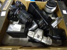 Box containing SLR Cameras - Flash Guns etc