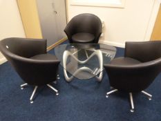 *Contemporary Triangular Plate Glass Table with 3 Faux Leather Tub Seats