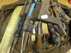 Tool Bag Containing Various Hand Tools, Long Drill, Drill Bits etc
