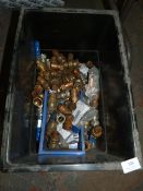 *Plastic Water Tank Containing Assorted Copper and Brass Pipe Fittings