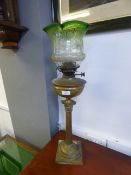 Brass Oil Lamp with Green Glass Shade