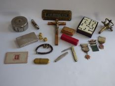 Tray containing Snuff Box, road safety medals police mans whistle money box crucifix etc