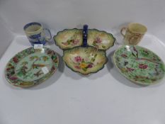 Two Staffordshire mugs, oriental plates etc