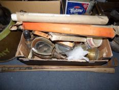 box of plated ware breweryware, golf clubs and coach lamps