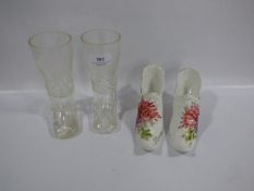 Two pairs of Edwardian shoes, 1 glass and 1 ceramic