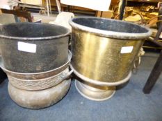 two copper jardinieres and a pan