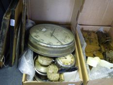 2 boxes of clock parts and alarm clocks with prints and frames
