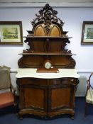 Large Ornate Carved Walnut and Marble Credenza