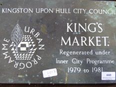 a brass advertising plaque for Kingston Upon Hull city Council Kings market